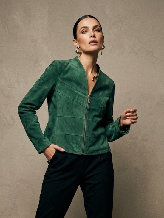 Guillaume Jackets & Blazers - Guillaume Genuine Suede Leather Collarless Zip Front Jacket Emerald Green Size S